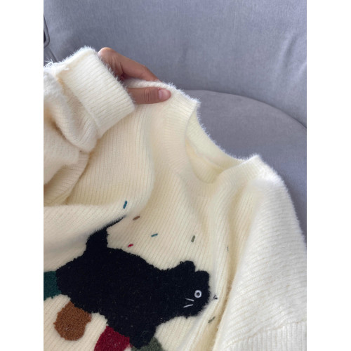 聖誕立體小貓刺綉毛衣2025秋冬季新款女短款針織衫寬松小個子上衣