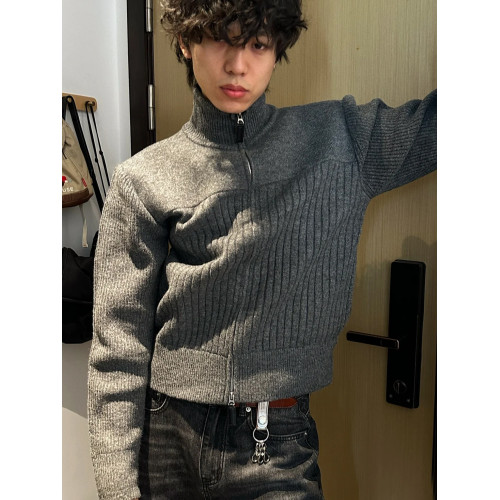 灰色高領開衫毛衣男秋冬季cleanfit潮牌寬松超好看拉鍊針織衫外套