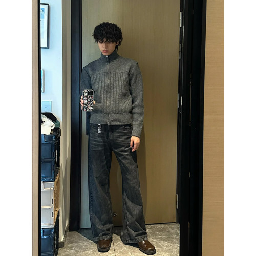 灰色高領開衫毛衣男秋冬季cleanfit潮牌寬松超好看拉鍊針織衫外套