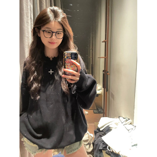 黑色寬松設計感綉花破壞休閒毛衣女外穿美式慵懶風復古針織衫上衣