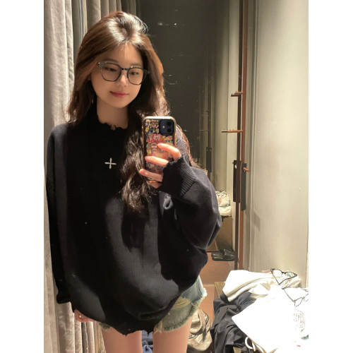 黑色寬松設計感綉花破壞休閒毛衣女外穿美式慵懶風復古針織衫上衣