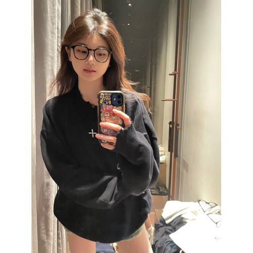 黑色寬松設計感綉花破壞休閒毛衣女外穿美式慵懶風復古針織衫上衣