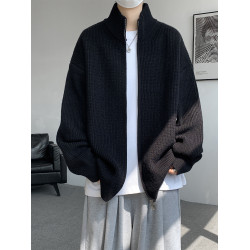 灰色拉鍊開衫毛衣外套男秋冬季潮流寬松痞帥男裝立領針織開衫夾克