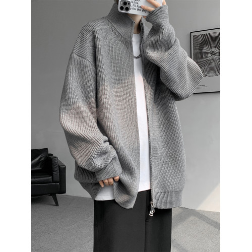 灰色拉鍊開衫毛衣外套男秋冬季潮流寬松痞帥男裝立領針織開衫夾克