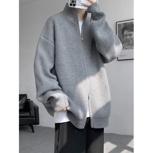 灰色拉鍊開衫毛衣外套男秋冬季潮流寬松痞帥男裝立領針織開衫夾克