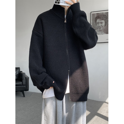 灰色拉鍊開衫毛衣外套男秋冬季潮流寬松痞帥男裝立領針織開衫夾克