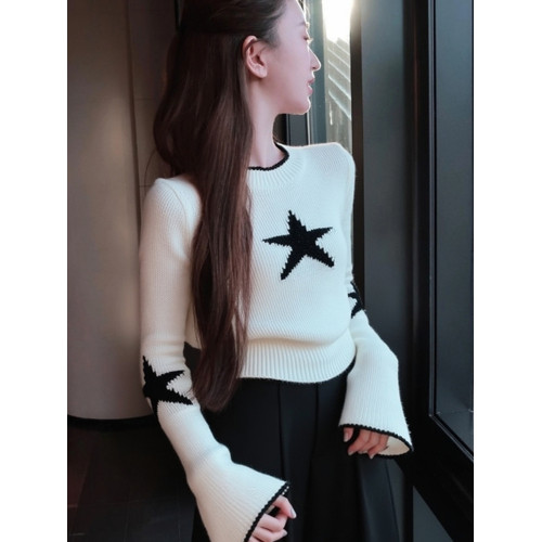 秋冬慵懶高級感修身針織打底衫女內搭甜辣妹喇叭長袖絕美短款上衣