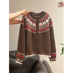 費爾島高級感加厚聖誕穿搭毛衣外套女秋冬季外穿寬松針織開衫上衣