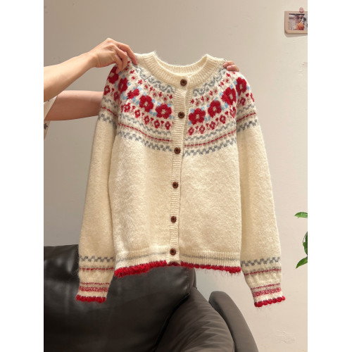 費爾島高級感加厚聖誕穿搭毛衣外套女秋冬季外穿寬松針織開衫上衣