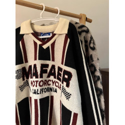 美式復古翻領套頭針織衫毛衣女秋冬季寬松慵懶風V領條紋撞色上衣