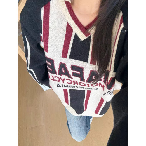 美式復古翻領套頭針織衫毛衣女秋冬季寬松慵懶風V領條紋撞色上衣
