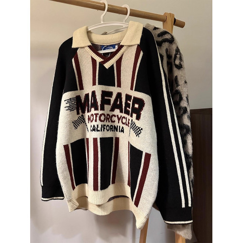 美式復古翻領套頭針織衫毛衣女秋冬季寬松慵懶風V領條紋撞色上衣