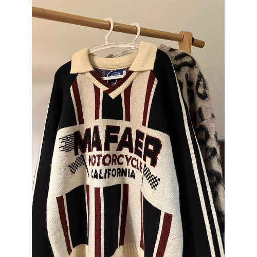 美式復古翻領套頭針織衫毛衣女秋冬季寬松慵懶風V領條紋撞色上衣