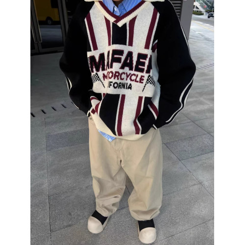 美式復古翻領套頭針織衫毛衣女秋冬季寬松慵懶風V領條紋撞色上衣