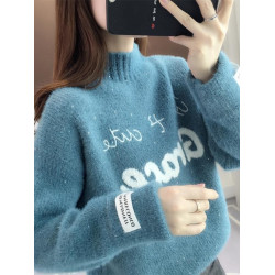 半高領毛衣水貂絨加絨加厚2023秋冬爆款寬松套頭毛衣女內搭上衣潮