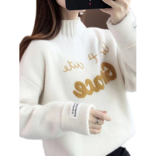 半高領毛衣水貂絨加絨加厚2023秋冬爆款寬松套頭毛衣女內搭上衣潮