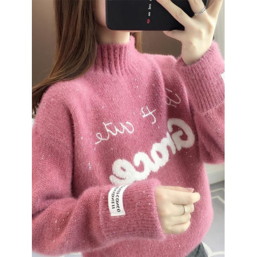 半高領毛衣水貂絨加絨加厚2023秋冬爆款寬松套頭毛衣女內搭上衣潮