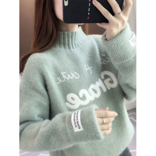 半高領毛衣水貂絨加絨加厚2023秋冬爆款寬松套頭毛衣女內搭上衣潮