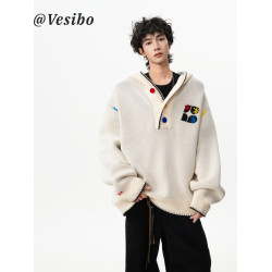 潮牌彩色紐釦連帽毛衣男冬美式慵懶風百搭針織衫復古休閒情侶上衣