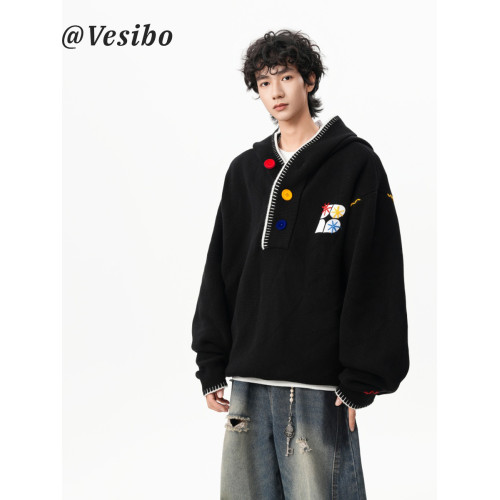 潮牌彩色紐釦連帽毛衣男冬美式慵懶風百搭針織衫復古休閒情侶上衣