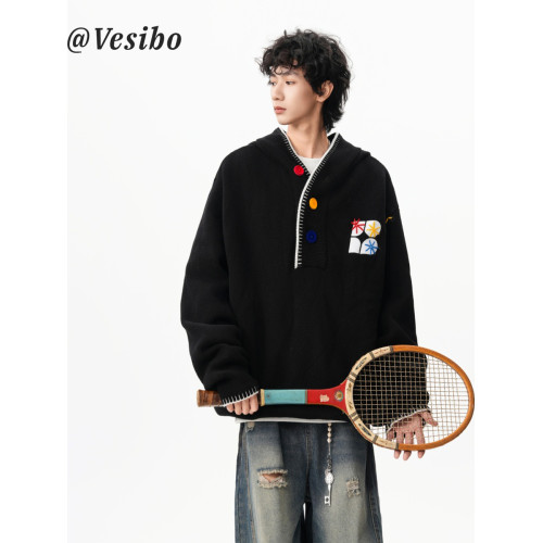 潮牌彩色紐釦連帽毛衣男冬美式慵懶風百搭針織衫復古休閒情侶上衣