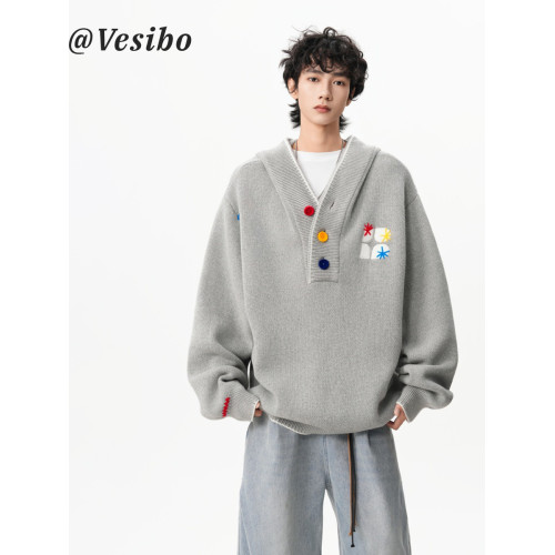 潮牌彩色紐釦連帽毛衣男冬美式慵懶風百搭針織衫復古休閒情侶上衣