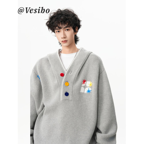 潮牌彩色紐釦連帽毛衣男冬美式慵懶風百搭針織衫復古休閒情侶上衣