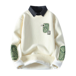 一體絨毛衣男秋冬季潮牌青年拼色假兩件休閒保暖襯衫領針織衫內衣