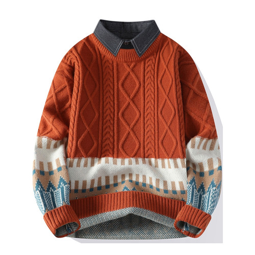 假兩件毛衣男冬季菱格撞色打底針織衫男青少年聖誕節保暖毛線衣服