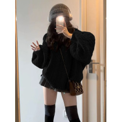 200斤胖MM慵懶風復古V領寬松黑色麻花毛衣女學生秋冬外穿百搭針織