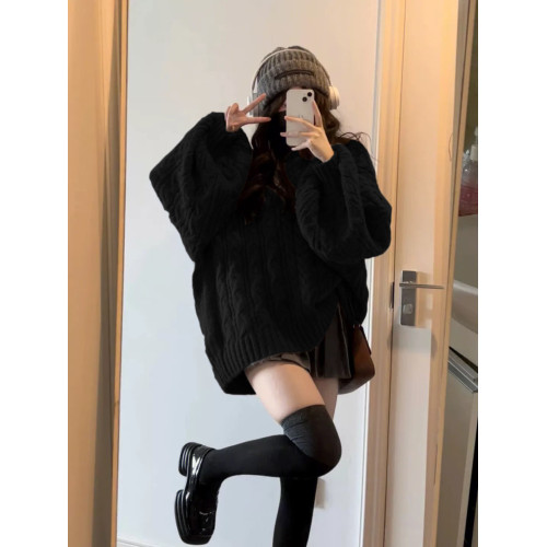 200斤胖MM慵懶風復古V領寬松黑色麻花毛衣女學生秋冬外穿百搭針織