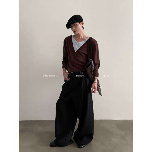 VERY FEWEST 氛圍感V領假兩件長袖針織衫中性慵懶風短款套頭毛衣