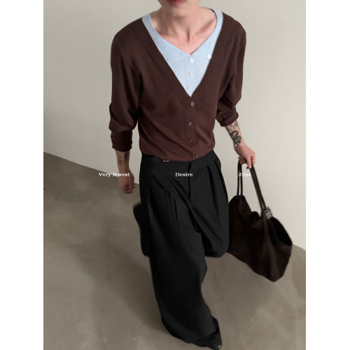 VERY FEWEST 氛圍感V領假兩件長袖針織衫中性慵懶風短款套頭毛衣