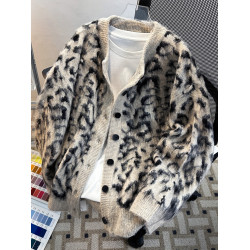 重磅豹紋開衫V領毛衣男女冬季寬松cleanfit潮無領針織衫紐釦外套