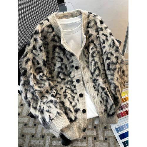 重磅豹紋開衫V領毛衣男女冬季寬松cleanfit潮無領針織衫紐釦外套