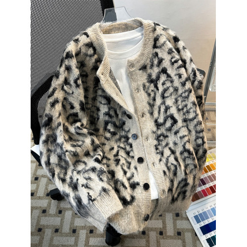 重磅豹紋開衫V領毛衣男女冬季寬松cleanfit潮無領針織衫紐釦外套