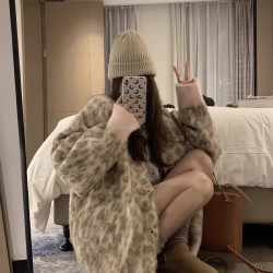 美式復古豹紋軟糯毛衣男女冬季加厚寬松慵懶風針織開衫高級感外套