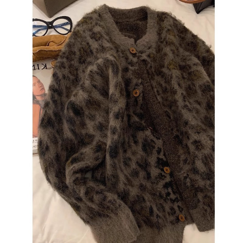 美式復古豹紋軟糯毛衣男女冬季加厚寬松慵懶風針織開衫高級感外套