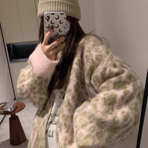 美式復古豹紋軟糯毛衣男女冬季加厚寬松慵懶風針織開衫高級感外套