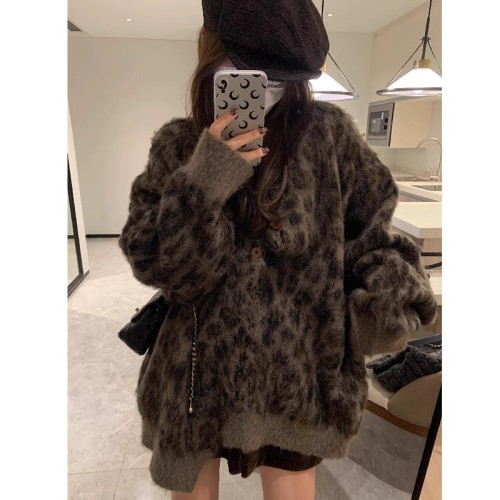 美式復古豹紋軟糯毛衣男女冬季加厚寬松慵懶風針織開衫高級感外套