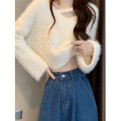 仿水貂毛軟糯短款毛衣女秋冬季爆款寬松百搭chic溫柔風針織衫上衣