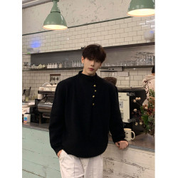 韓版側紐釦設計感半高領毛衣男款冬季休閒寬松百搭cleanfit針織衫