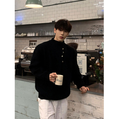 韓版側紐釦設計感半高領毛衣男款冬季休閒寬松百搭cleanfit針織衫