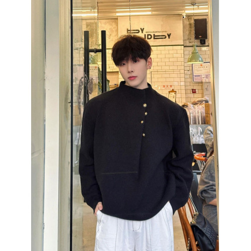 韓版側紐釦設計感半高領毛衣男款冬季休閒寬松百搭cleanfit針織衫