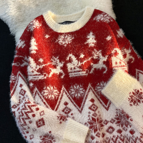 聖誕毛衣情侶裝日系復古原宿風寬松針織衫男秋冬季加厚圓領線衣服