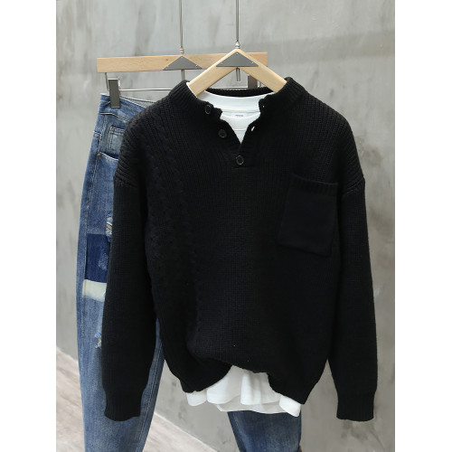 美式復古亨利領毛衣男國潮百搭寬松休閒口袋長袖針織潮牌顯瘦上衣