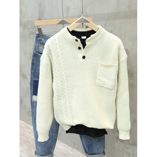 美式復古亨利領毛衣男國潮百搭寬松休閒口袋長袖針織潮牌顯瘦上衣