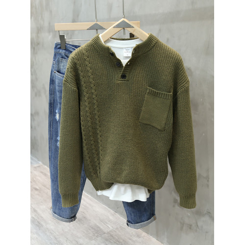 美式復古亨利領毛衣男國潮百搭寬松休閒口袋長袖針織潮牌顯瘦上衣