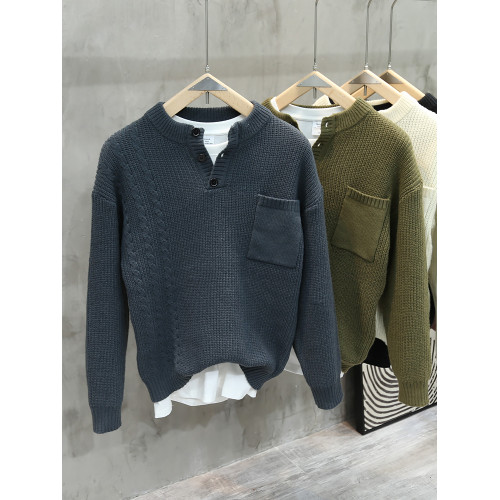 美式復古亨利領毛衣男國潮百搭寬松休閒口袋長袖針織潮牌顯瘦上衣