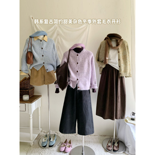 復古慵懶松弛感韓系花紗絨感針織開衫女秋冬雜色圓領寬松毛衣外套 復古慵懶松弛感韓系花紗絨感針織開衫女秋冬雜色圓領寬松毛衣外套